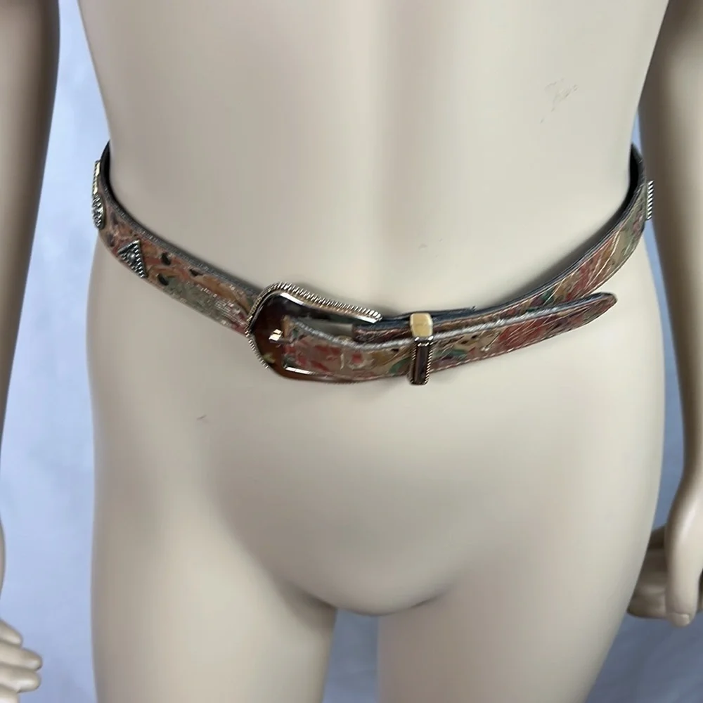 Elite Abstract Print Belt with Silver Tone Accents Sz Small